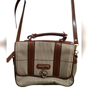 Vintage Leathet Collection PARIS ROMA TOKYO Plaid Crossbod Bag.Brown/Cream Multi